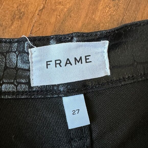 FRAME DENIM Hi-Rise Le Sylvie Slender Straight Jean in Coated Noir Croc - Picture 10 of 16